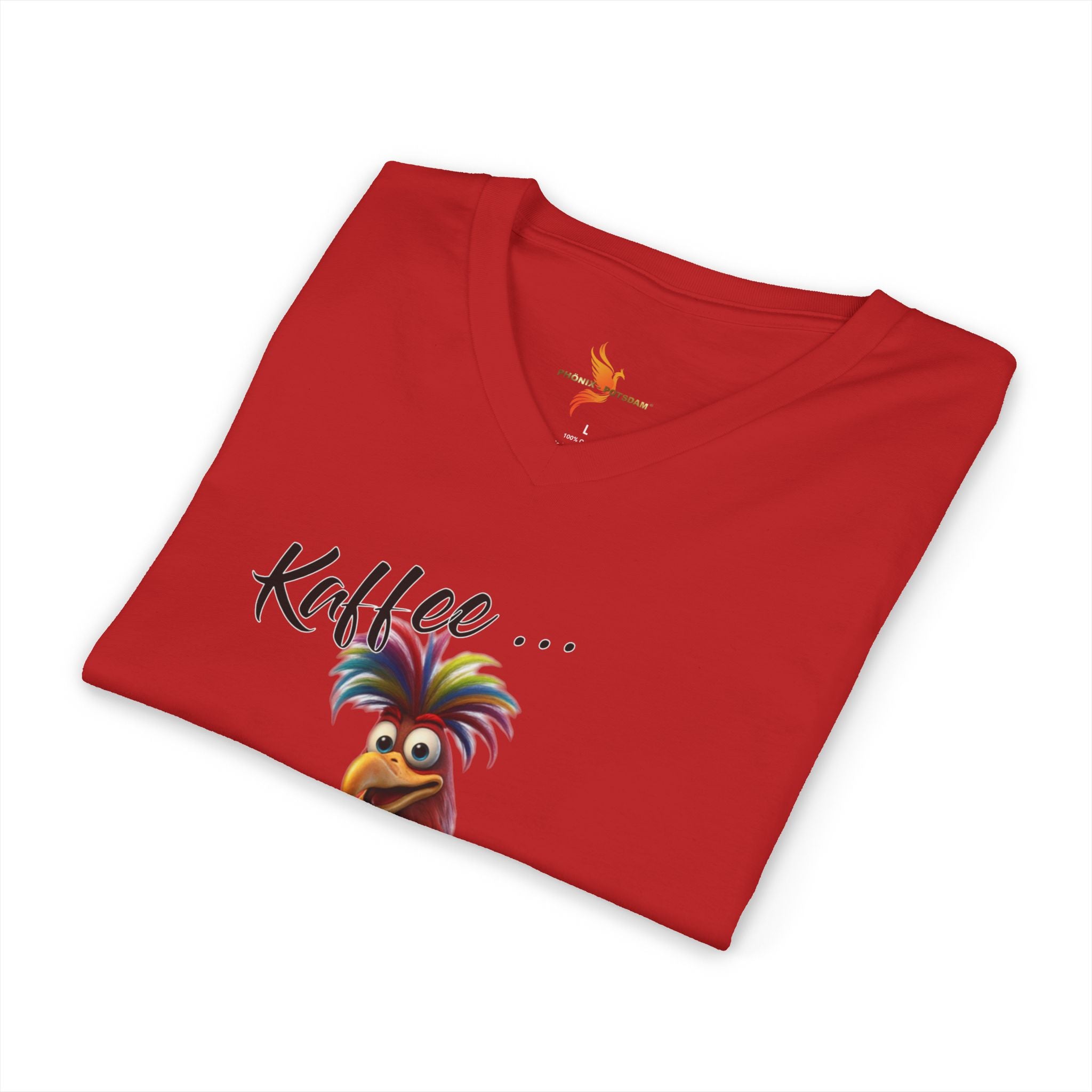 Hahn „Kaffee … und der Tag kann glänzen!“ V-Neck | Humor | Phönix-Potsdam®