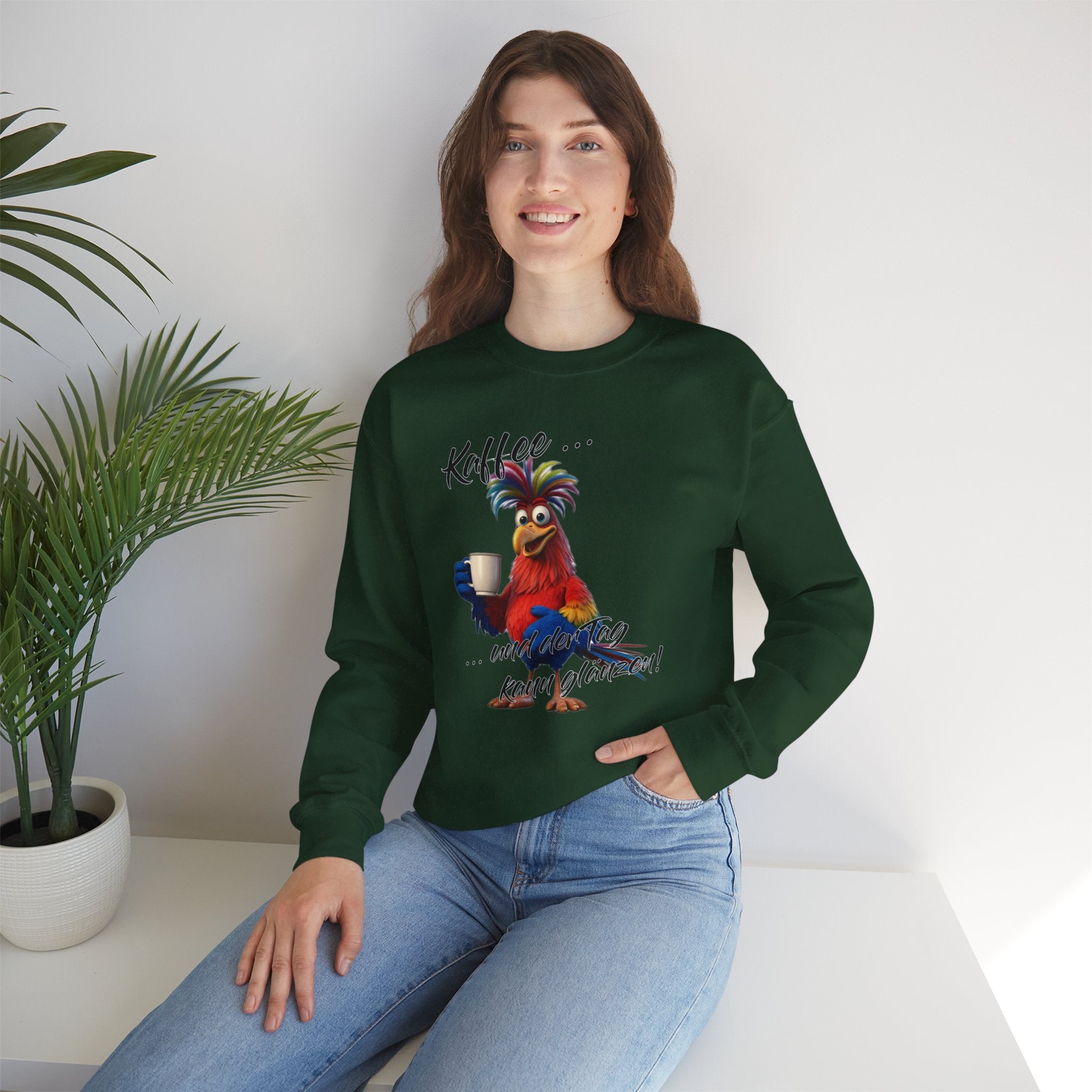 Hahn „Kaffee … und der Tag kann glänzen!“ Sweatshirt | Humor | Phönix-Potsdam®