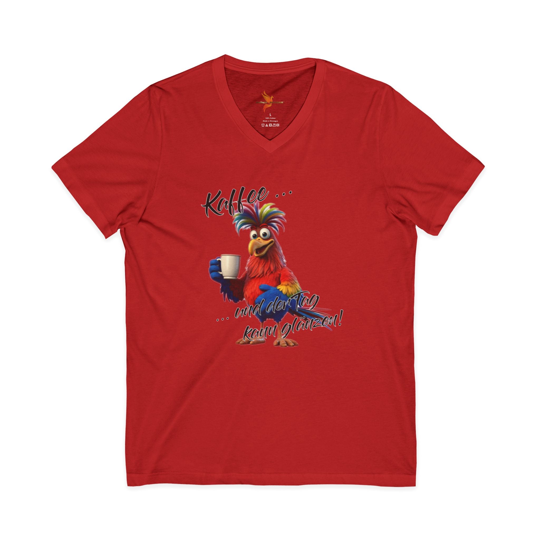 Hahn „Kaffee … und der Tag kann glänzen!“ V-Neck | Humor | Phönix-Potsdam®