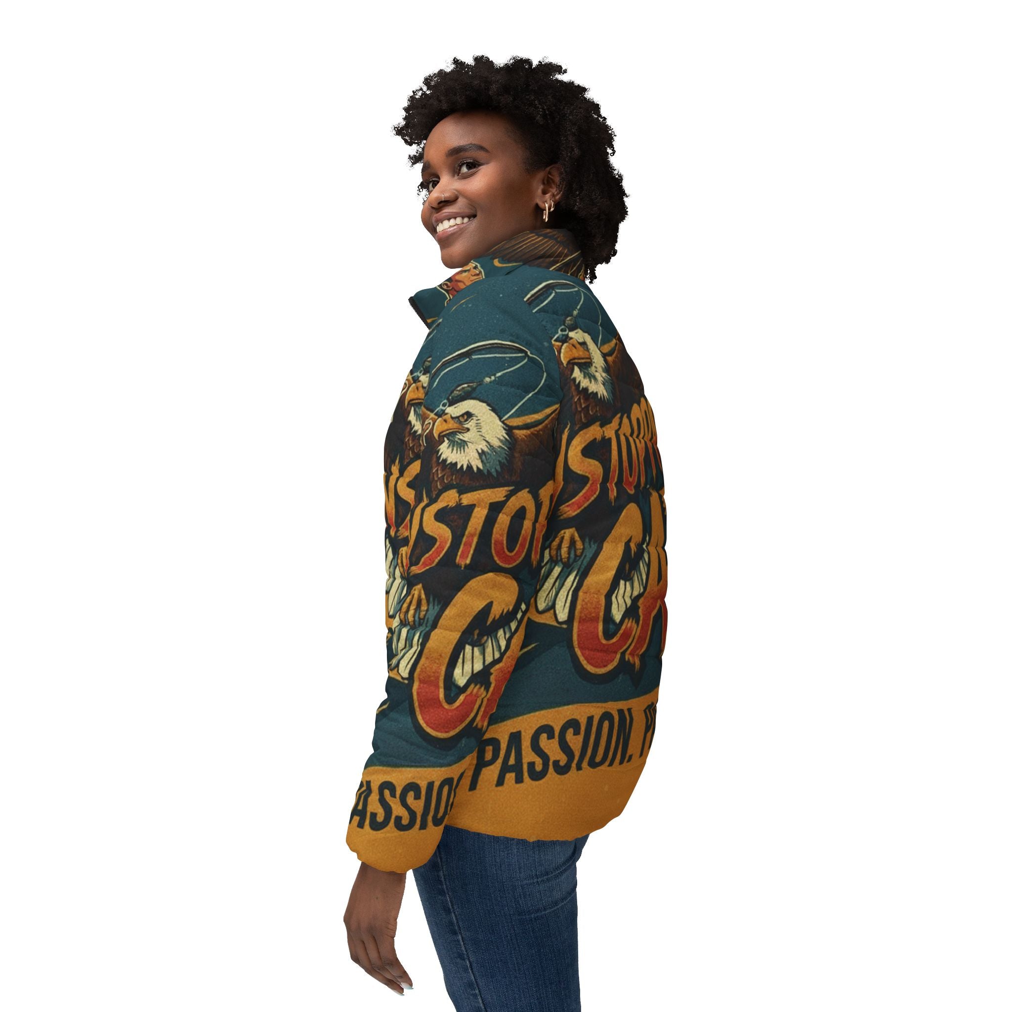 Frauen Angel Steppjacke – "Unstoppable Catch" | All-Over-Print | Phönix-Potsdam®