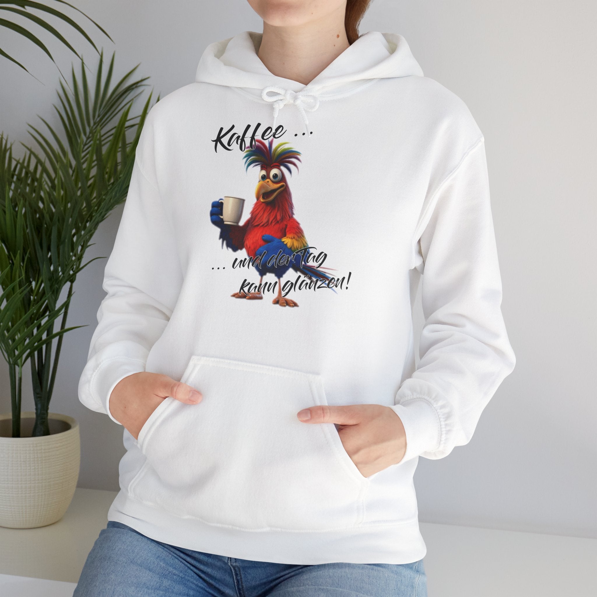 Hahn „Kaffee … und der Tag kann glänzen!“ Hoodie | Humor | Phönix-Potsdam®