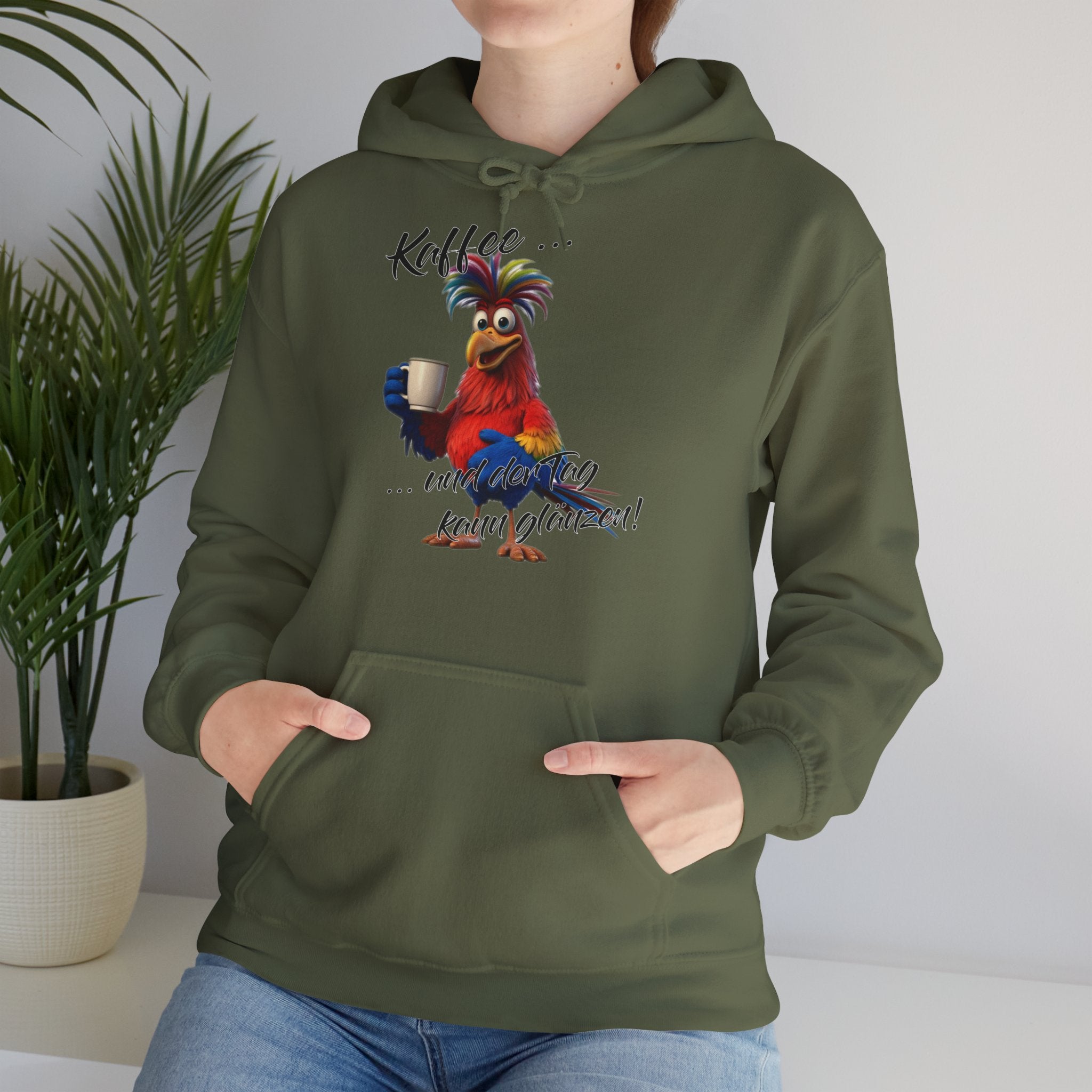 Hahn „Kaffee … und der Tag kann glänzen!“ Hoodie | Humor | Phönix-Potsdam®