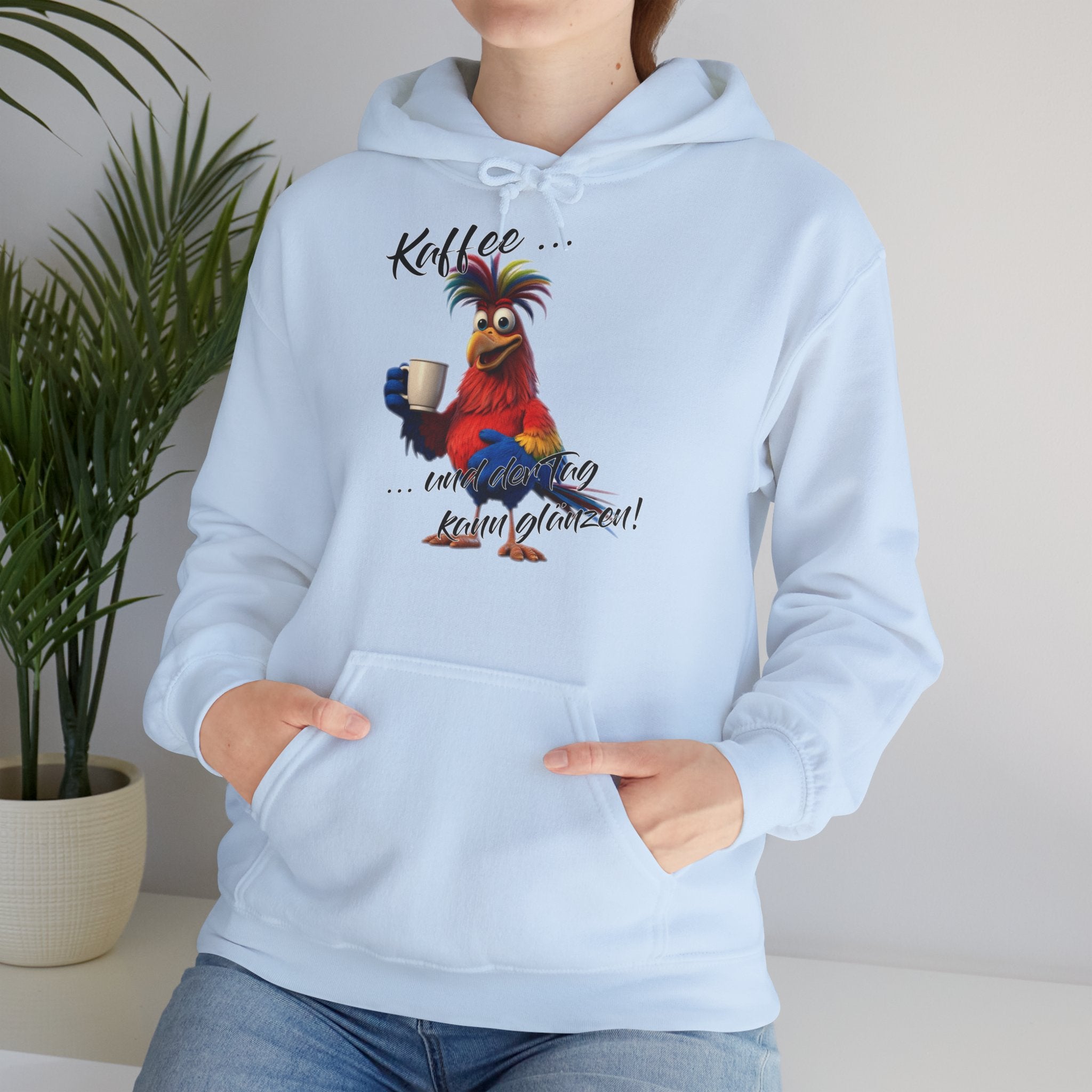Hahn „Kaffee … und der Tag kann glänzen!“ Hoodie | Humor | Phönix-Potsdam®