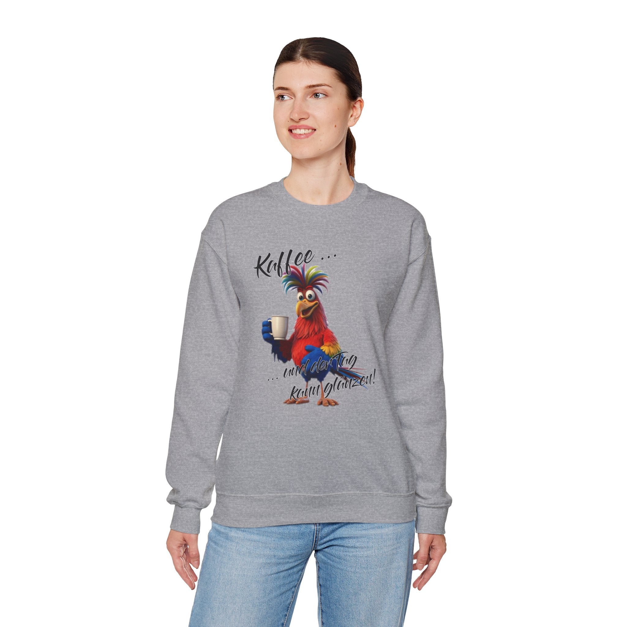 Hahn „Kaffee … und der Tag kann glänzen!“ Sweatshirt | Humor | Phönix-Potsdam®