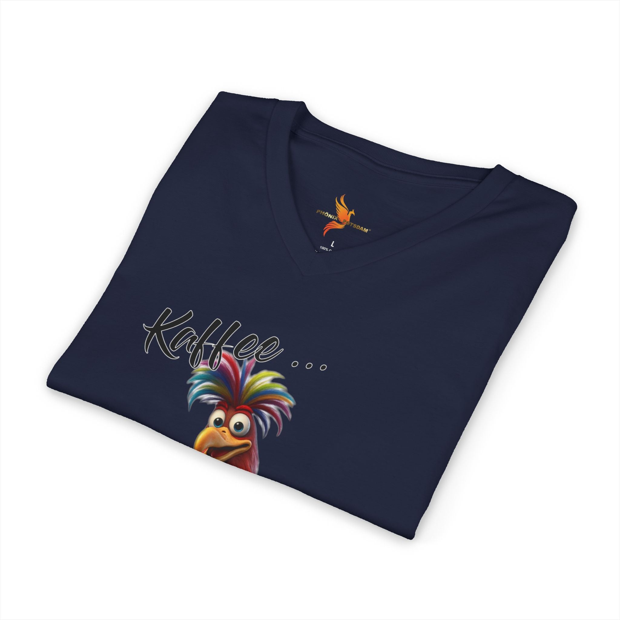 Hahn „Kaffee … und der Tag kann glänzen!“ V-Neck | Humor | Phönix-Potsdam®