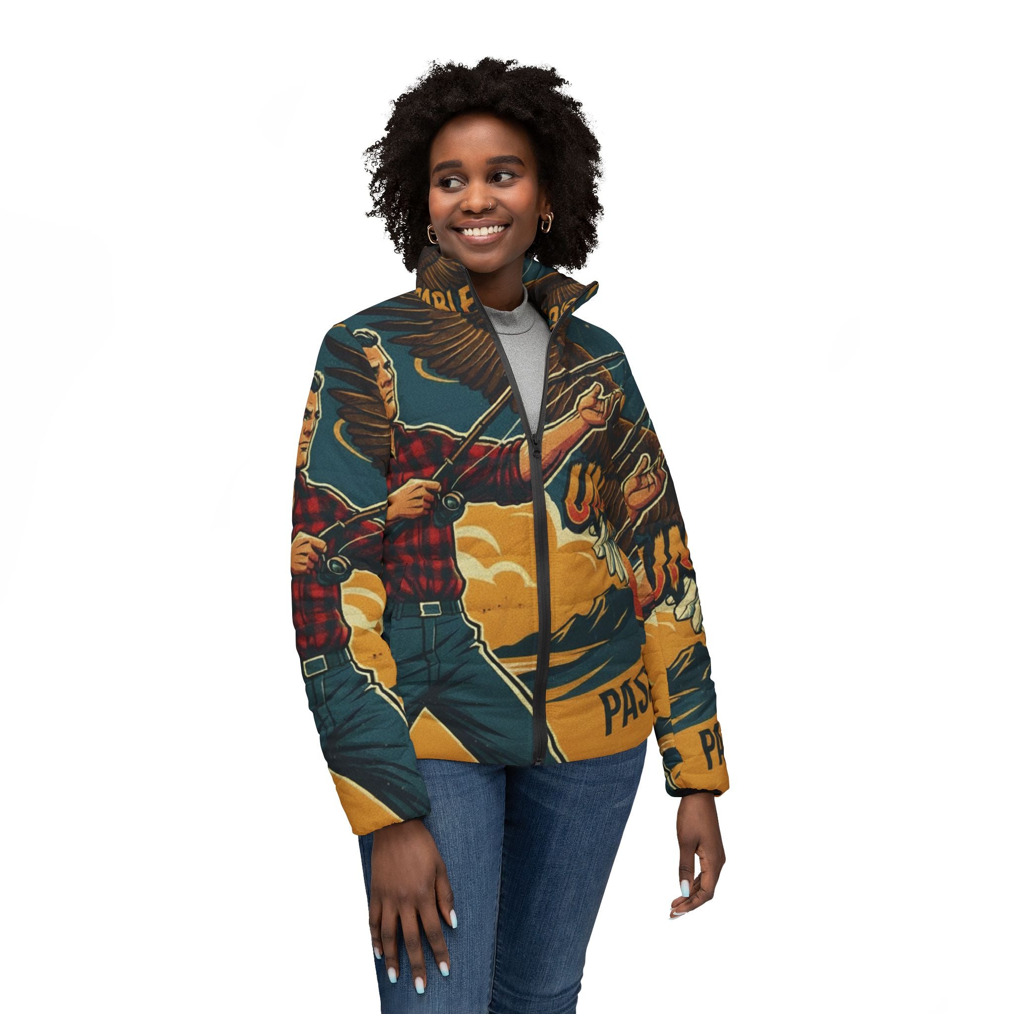 Frauen Angel Steppjacke – "Unstoppable Catch" | All-Over-Print | Phönix-Potsdam®
