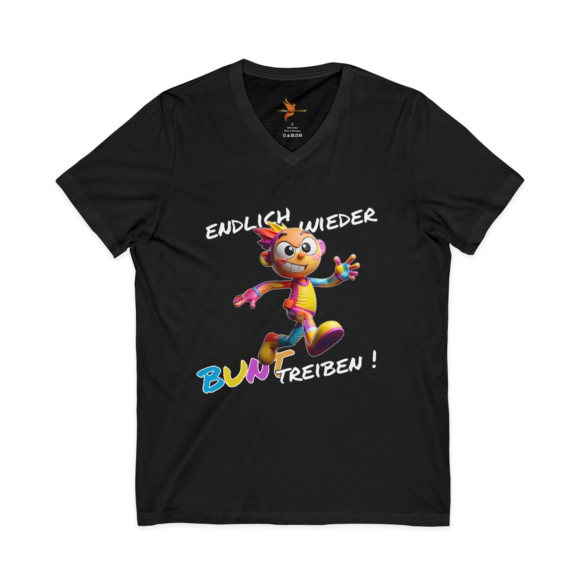 T-Shirt V-Ausschnitt „Endlich wieder BUNT treiben!“ | Humor | Phönix-Potsdam®