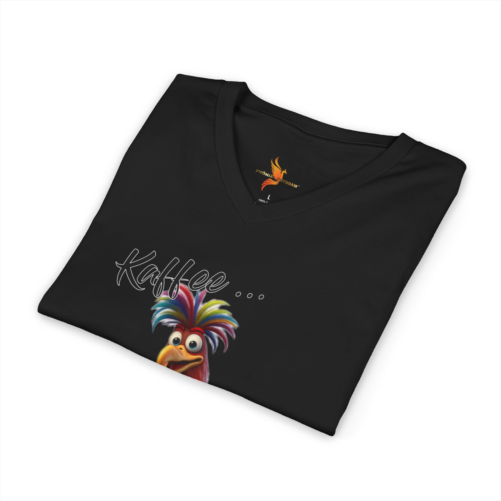Hahn „Kaffee … und der Tag kann glänzen!“ V-Neck | Humor | Phönix-Potsdam®
