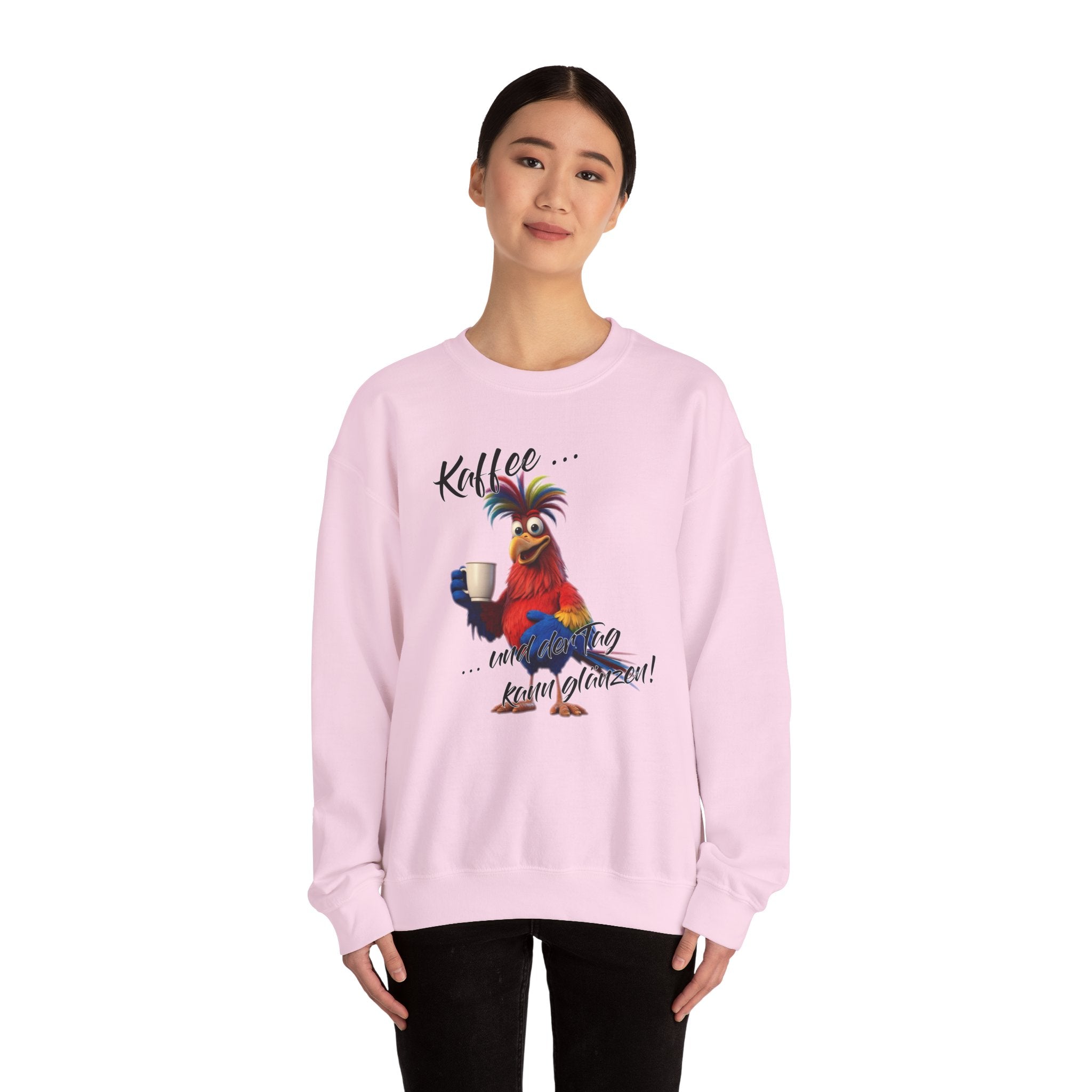 Hahn „Kaffee … und der Tag kann glänzen!“ Sweatshirt | Humor | Phönix-Potsdam®