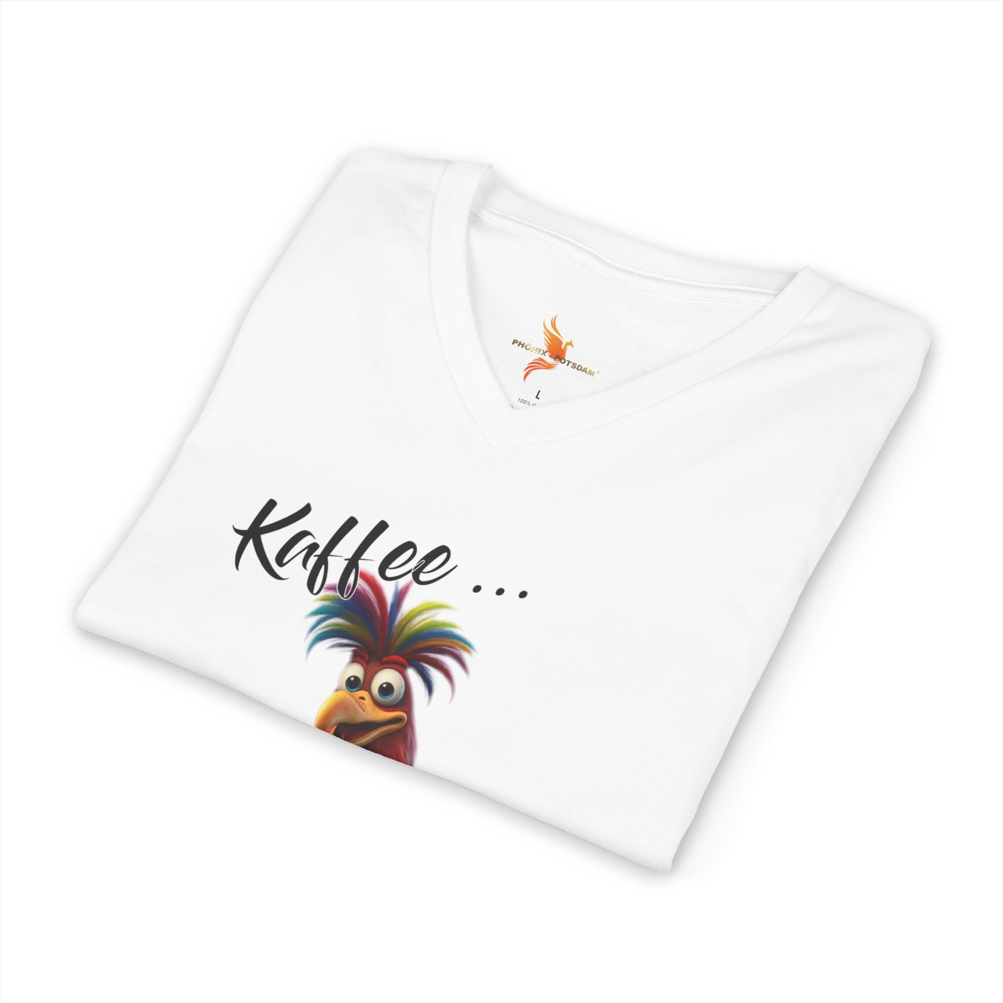 Hahn „Kaffee … und der Tag kann glänzen!“ V-Neck | Humor | Phönix-Potsdam®