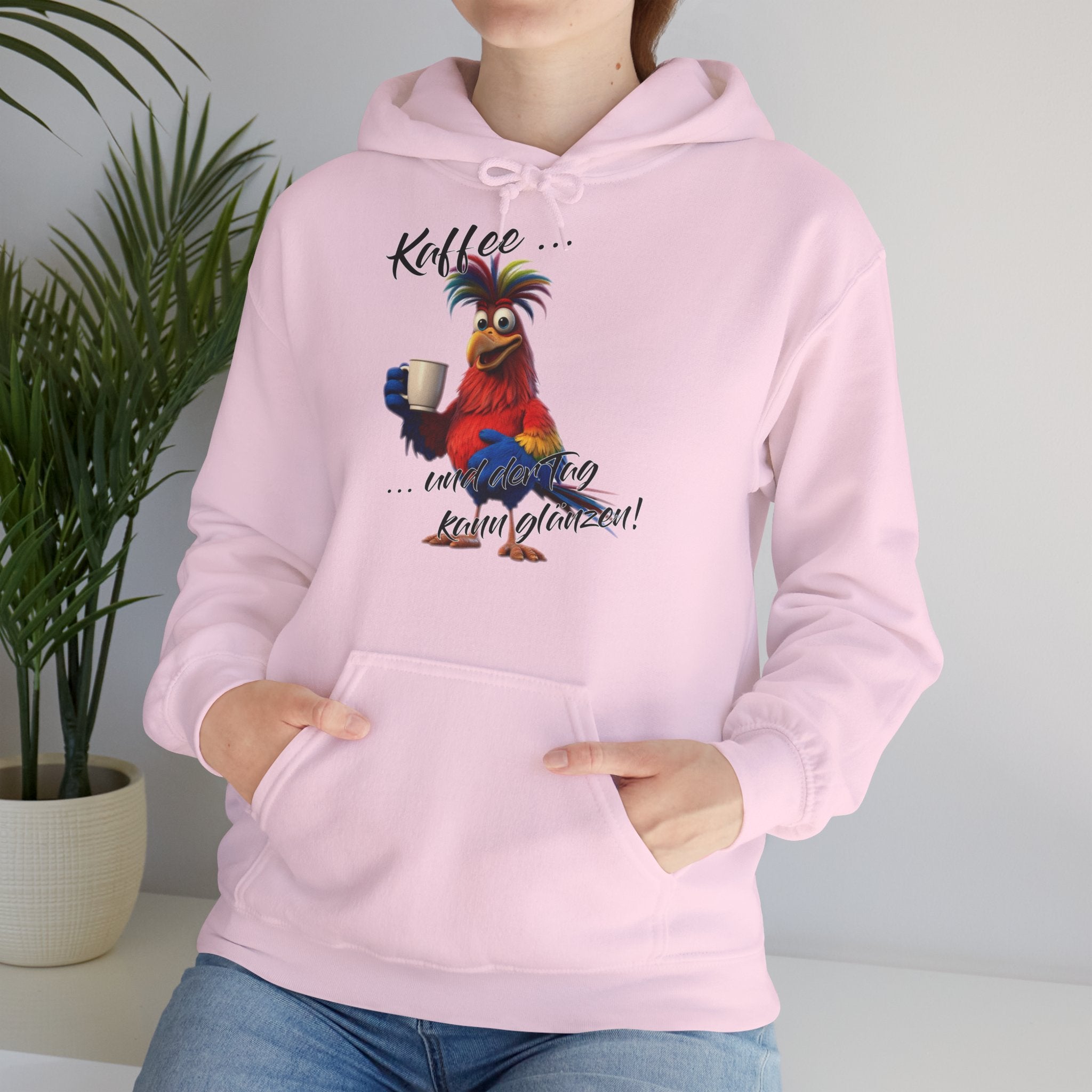 Hahn „Kaffee … und der Tag kann glänzen!“ Hoodie | Humor | Phönix-Potsdam®