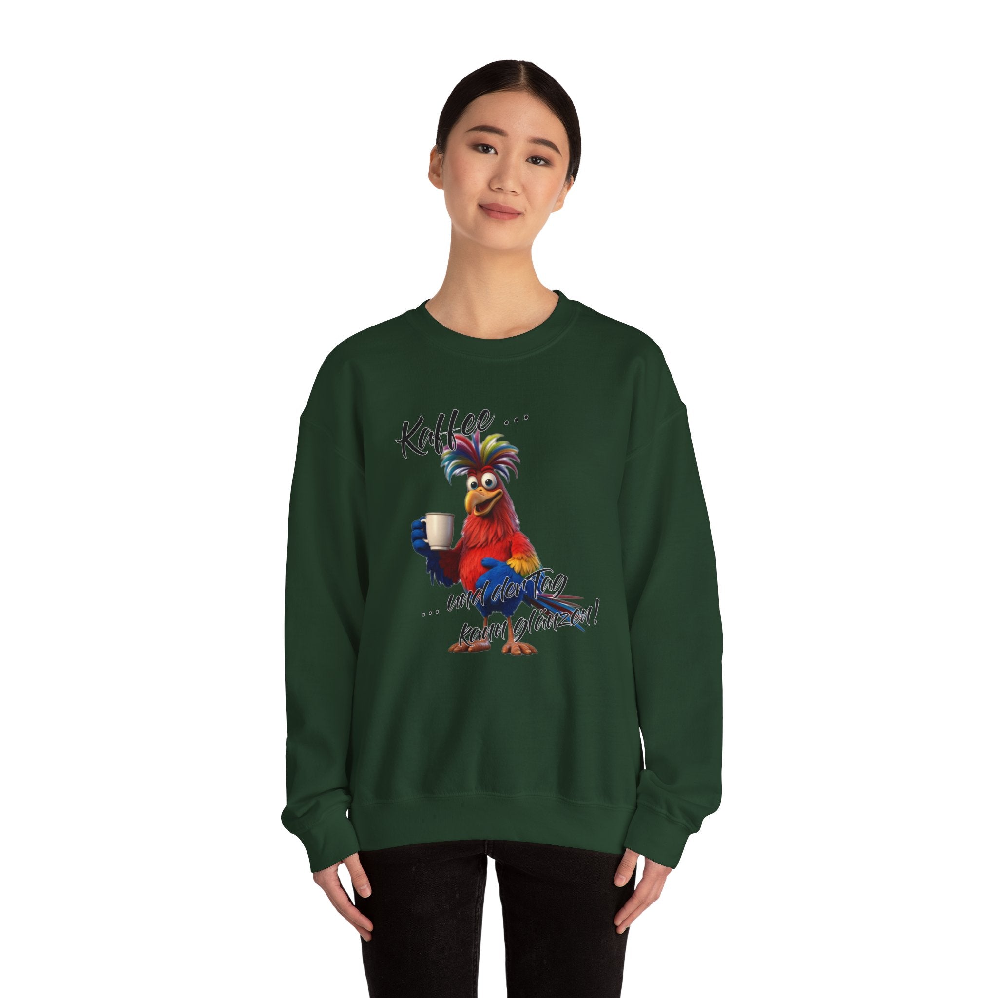Hahn „Kaffee … und der Tag kann glänzen!“ Sweatshirt | Humor | Phönix-Potsdam®