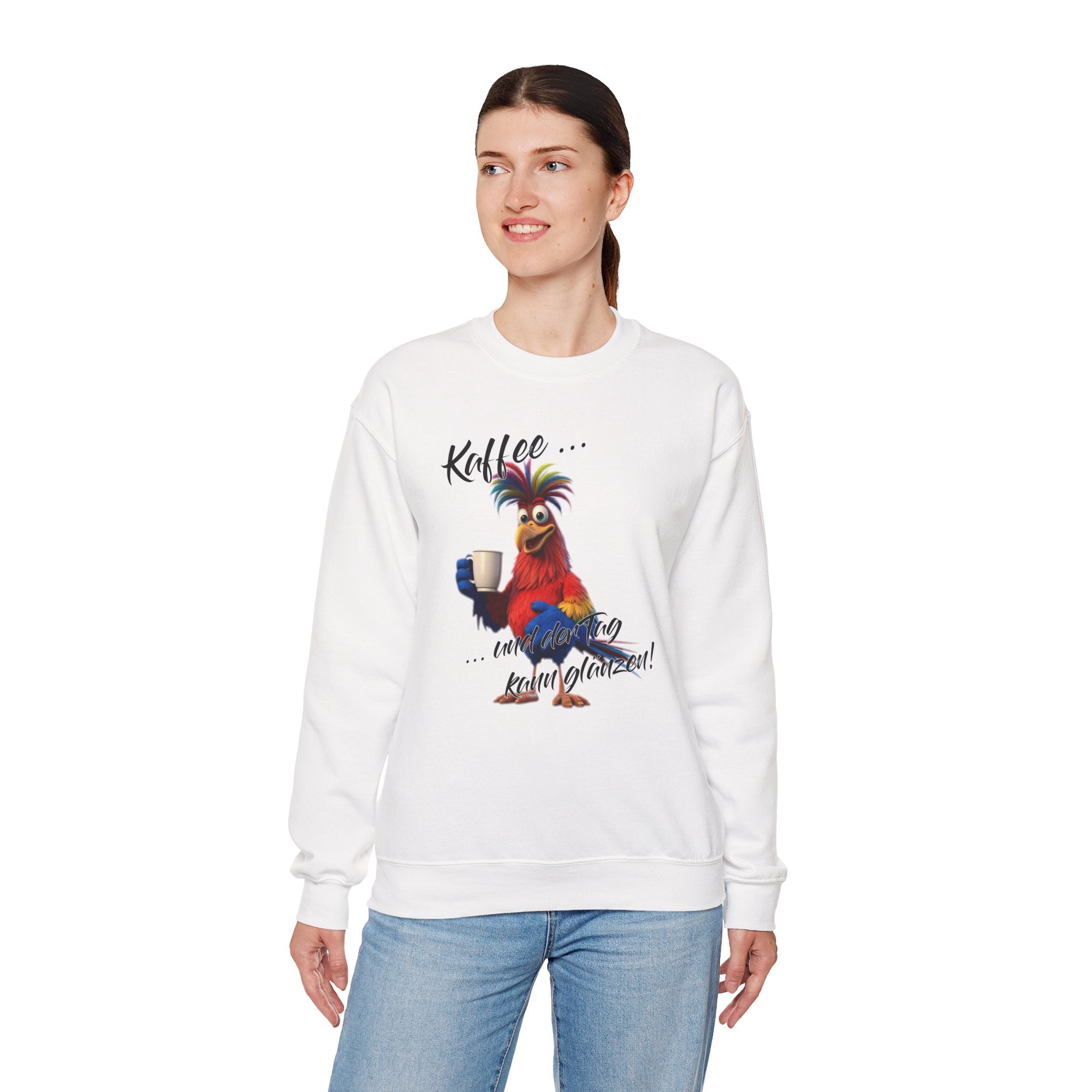 Hahn „Kaffee … und der Tag kann glänzen!“ Sweatshirt | Humor | Phönix-Potsdam®