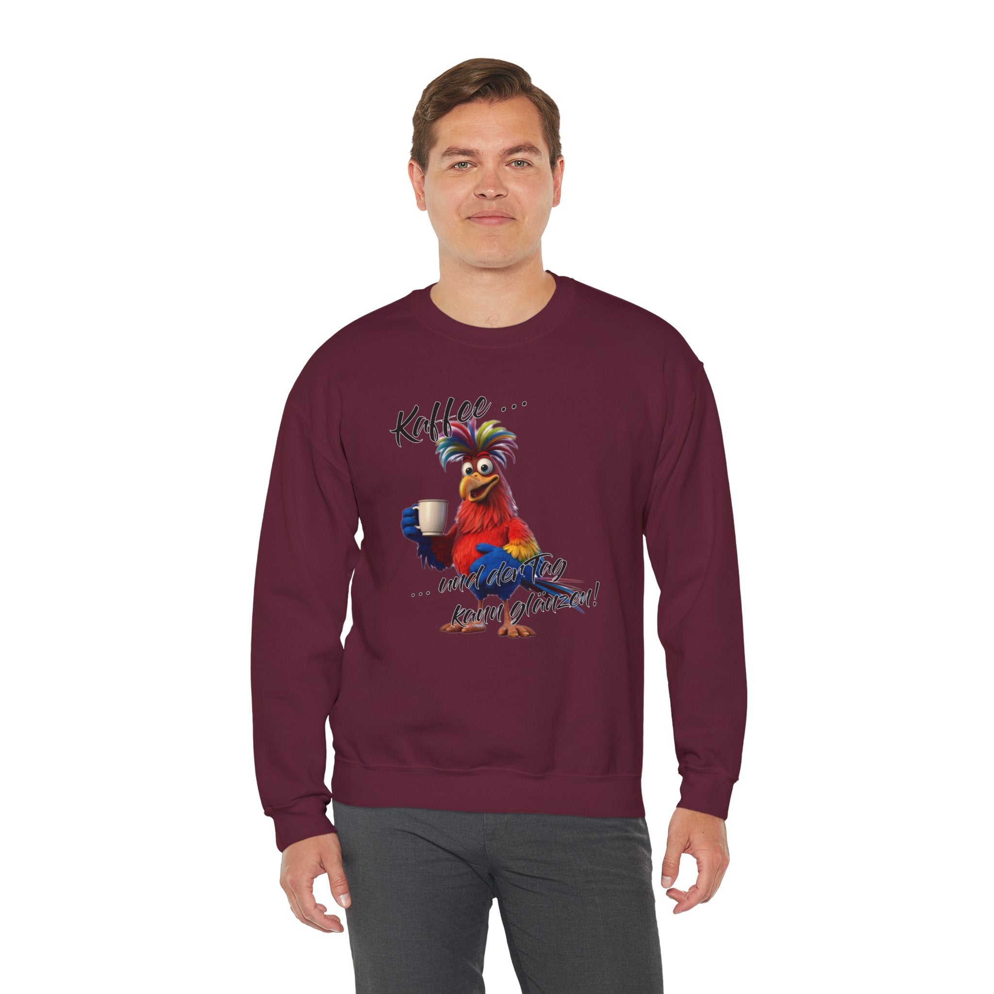 Hahn „Kaffee … und der Tag kann glänzen!“ Sweatshirt | Humor | Phönix-Potsdam®