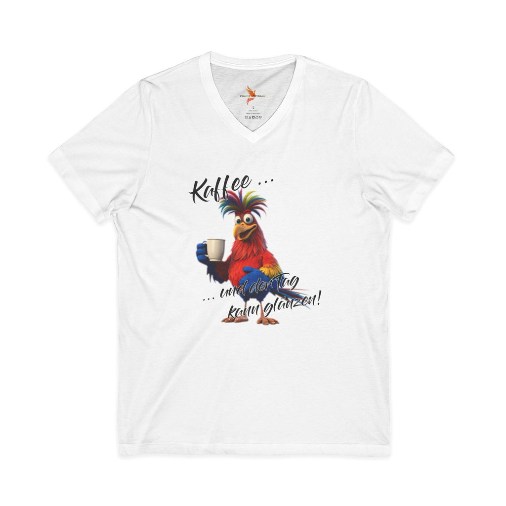 Hahn „Kaffee … und der Tag kann glänzen!“ V-Neck | Humor | Phönix-Potsdam®