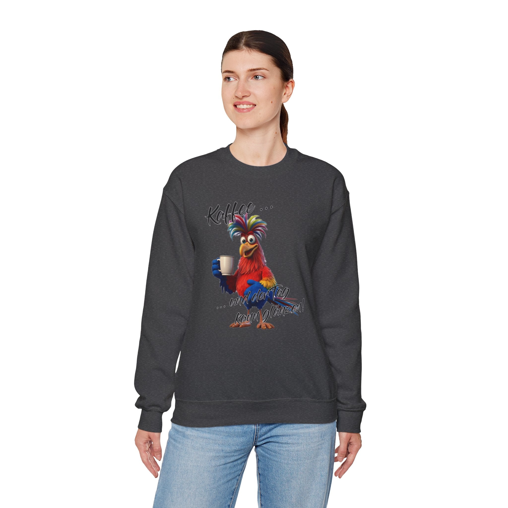 Hahn „Kaffee … und der Tag kann glänzen!“ Sweatshirt | Humor | Phönix-Potsdam®