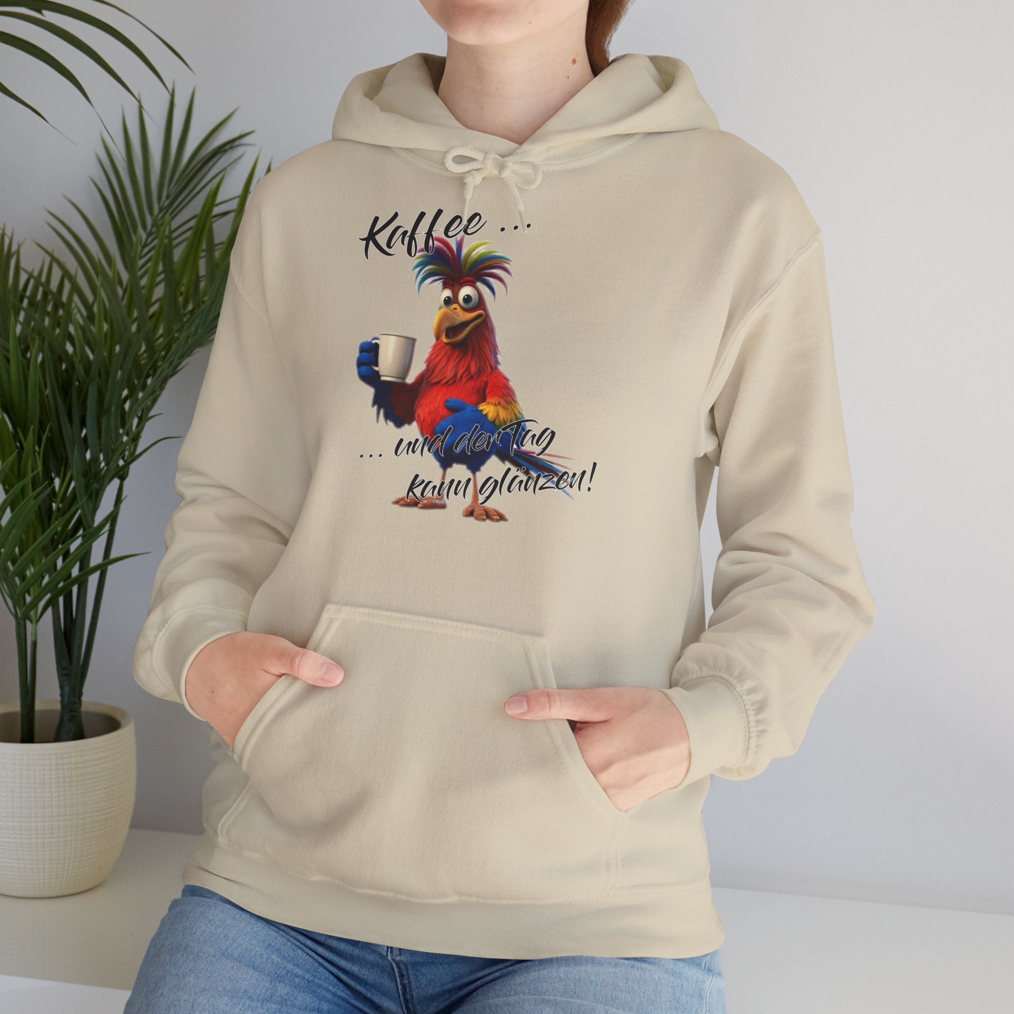 Hahn „Kaffee … und der Tag kann glänzen!“ Hoodie | Humor | Phönix-Potsdam®