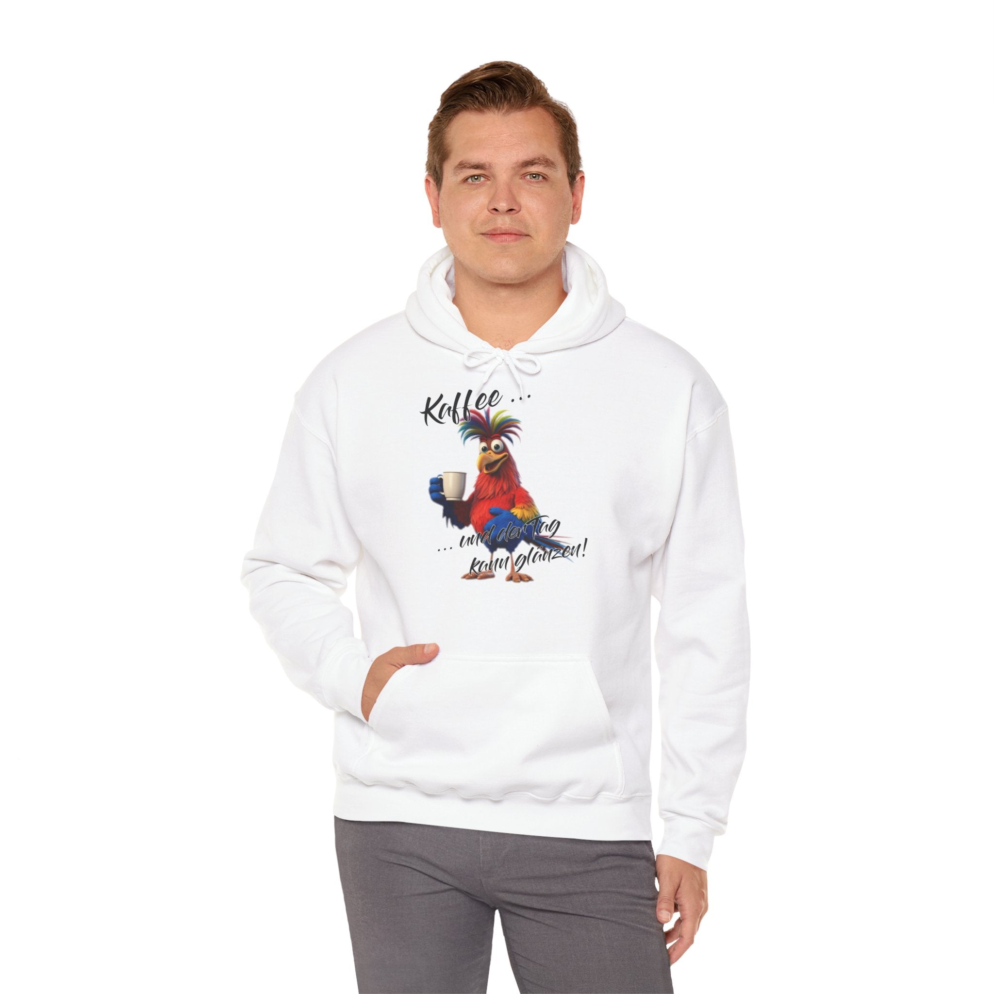 Hahn „Kaffee … und der Tag kann glänzen!“ Hoodie | Humor | Phönix-Potsdam®