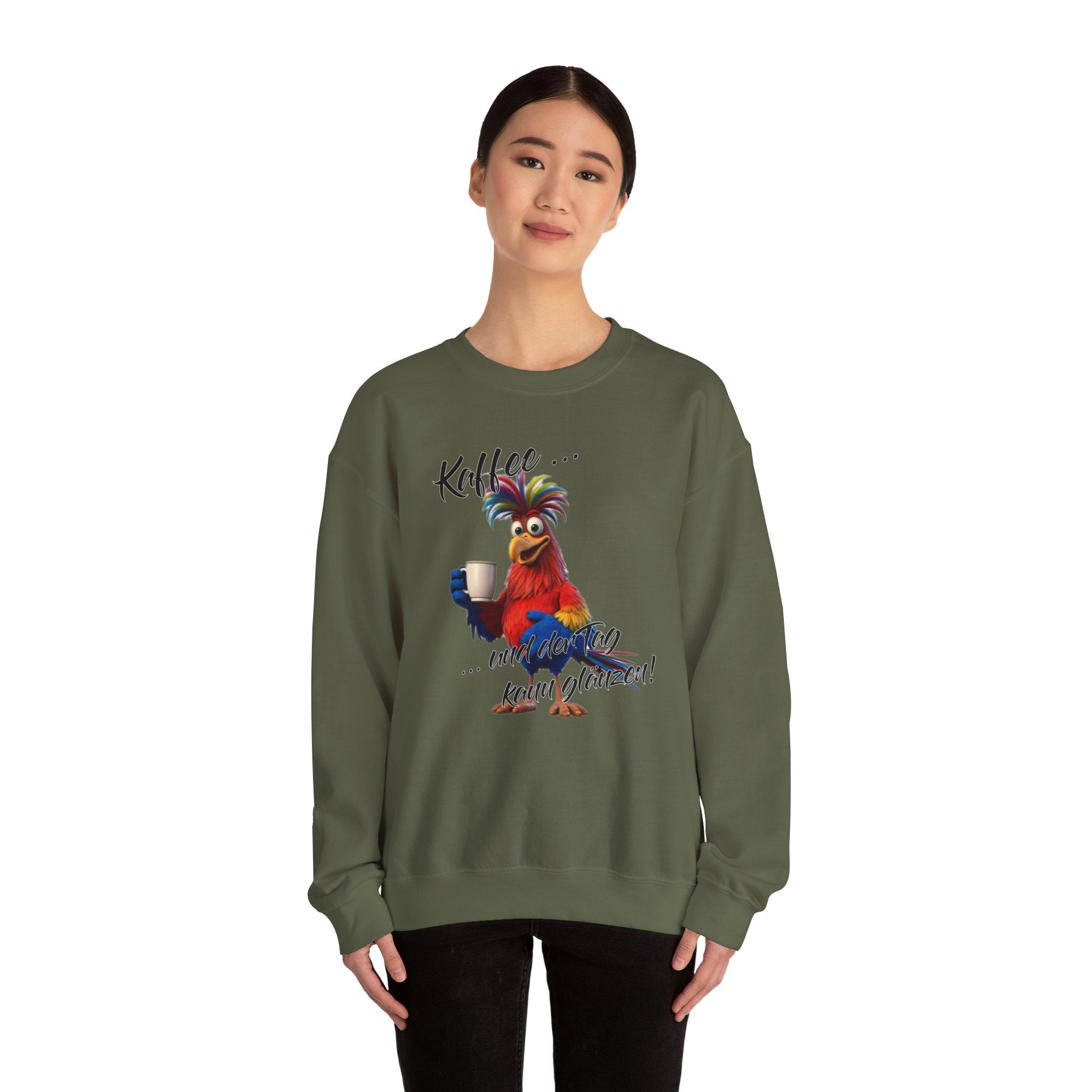 Hahn „Kaffee … und der Tag kann glänzen!“ Sweatshirt | Humor | Phönix-Potsdam®