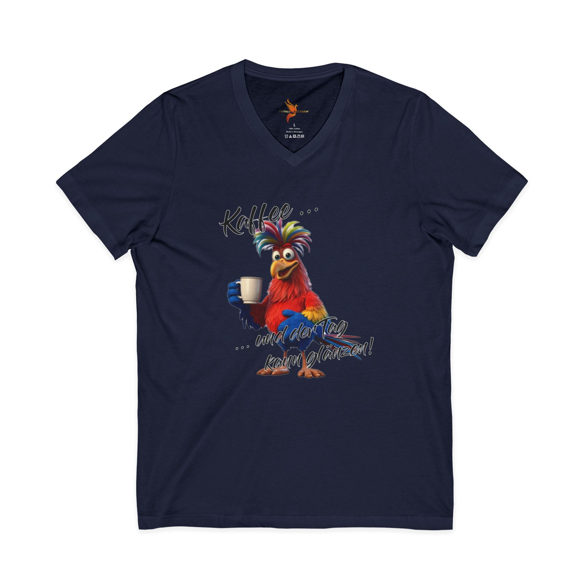 Hahn „Kaffee … und der Tag kann glänzen!“ V-Neck | Humor | Phönix-Potsdam®