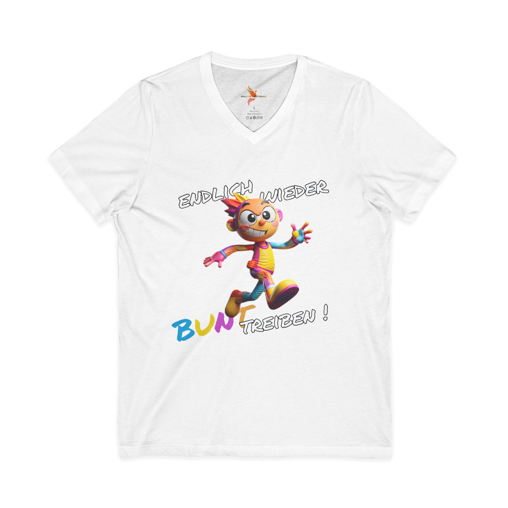 T-Shirt V-Ausschnitt „Endlich wieder BUNT treiben!“ | Humor | Phönix-Potsdam®
