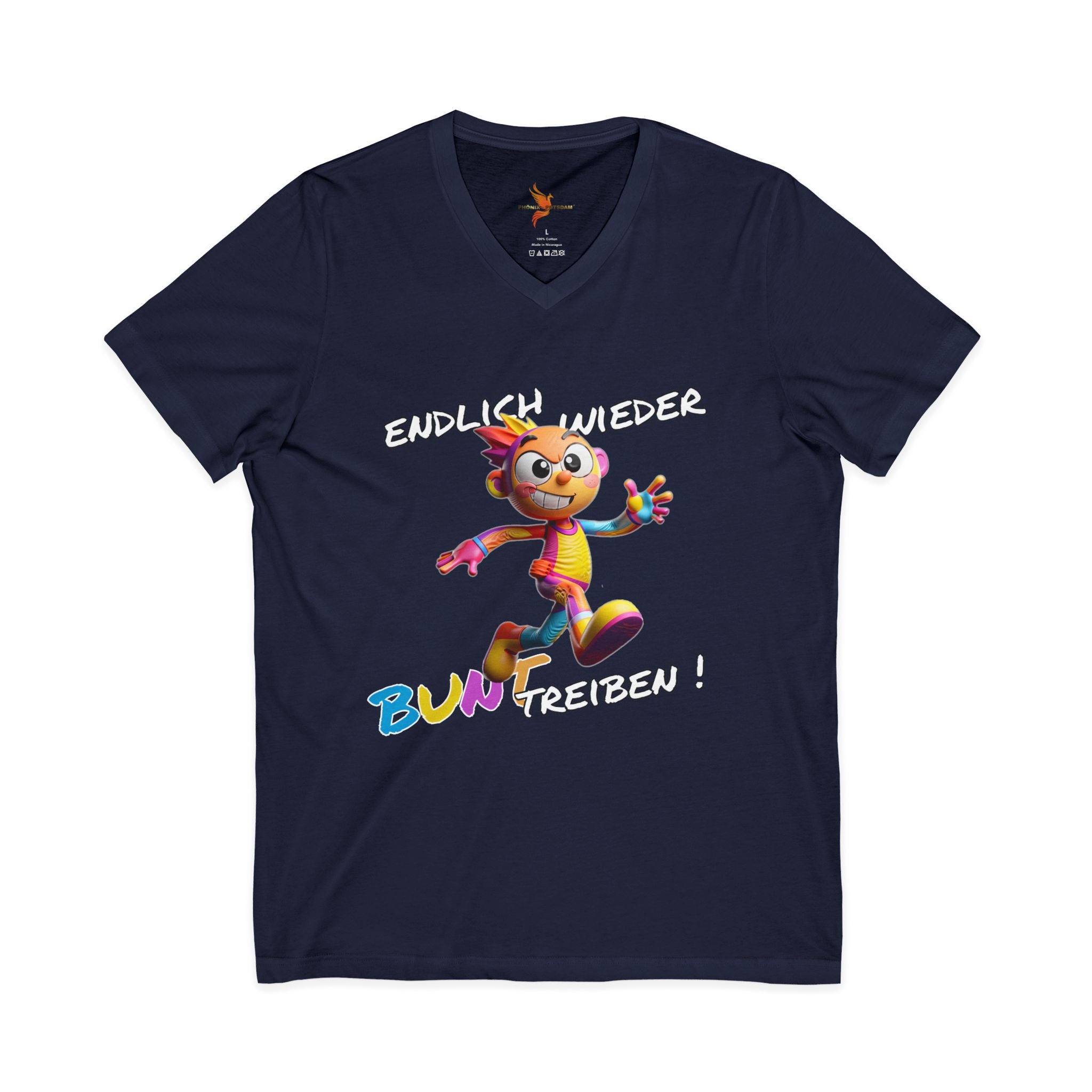 T-Shirt V-Ausschnitt „Endlich wieder BUNT treiben!“ | Humor | Phönix-Potsdam®