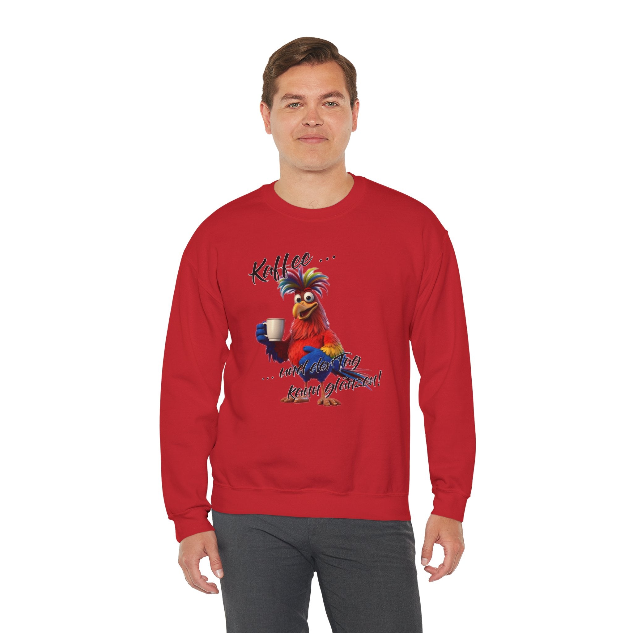 Hahn „Kaffee … und der Tag kann glänzen!“ Sweatshirt | Humor | Phönix-Potsdam®