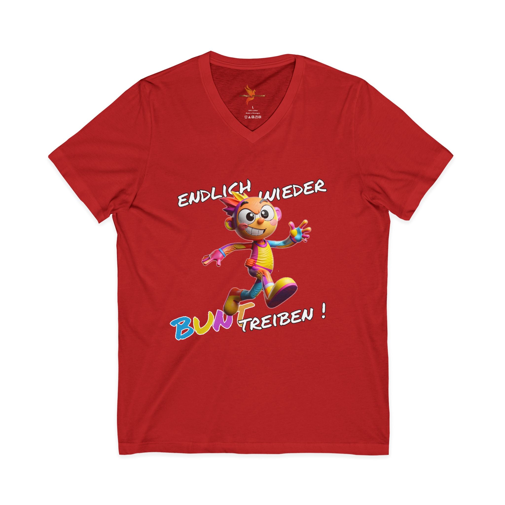 T-Shirt V-Ausschnitt „Endlich wieder BUNT treiben!“ | Humor | Phönix-Potsdam®