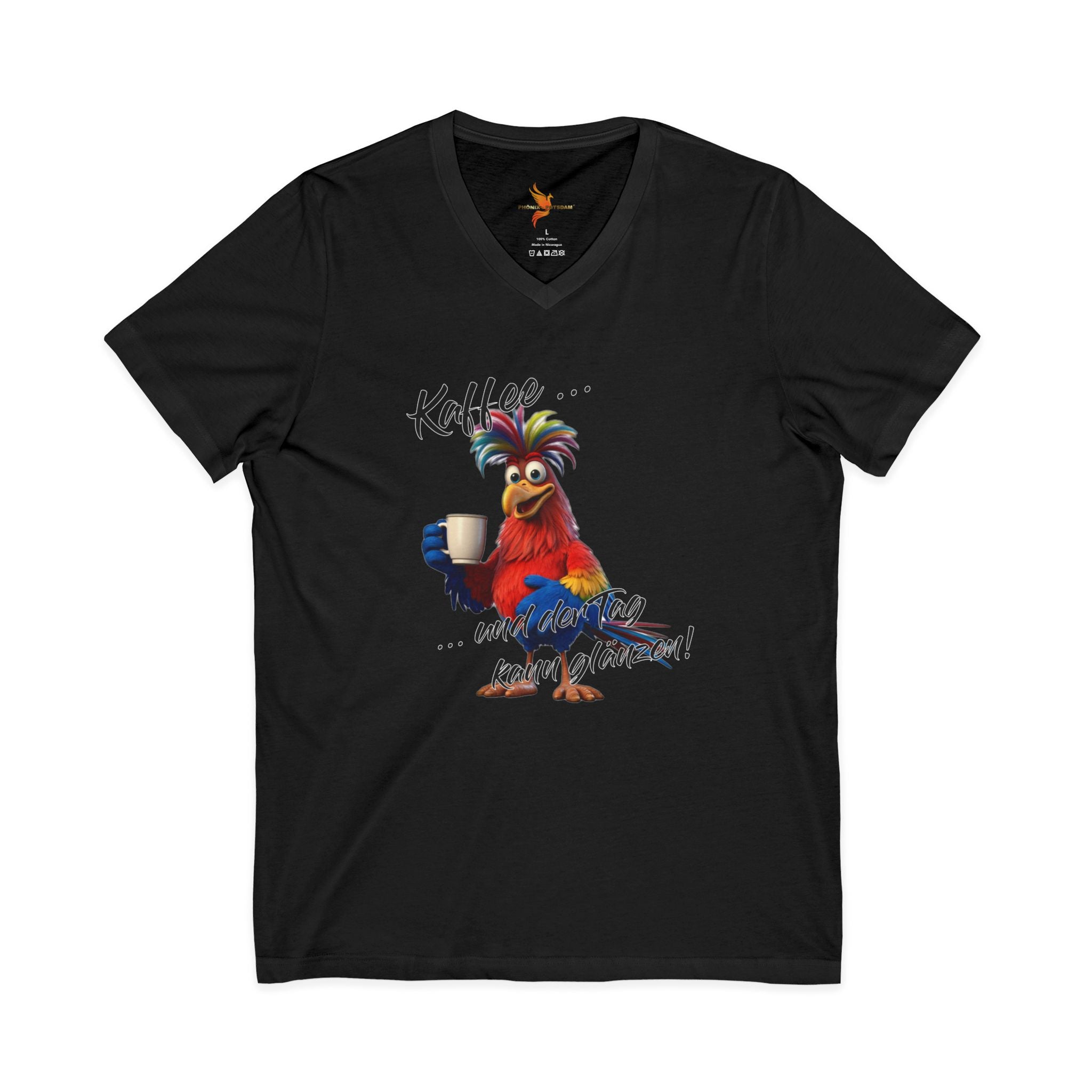 Hahn „Kaffee … und der Tag kann glänzen!“ V-Neck | Humor | Phönix-Potsdam®